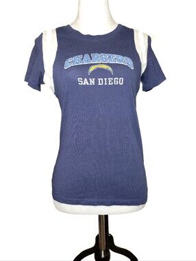 NFL Team Apparel San Diego Chargers Retro Graphic Tee Striped Shoulder Womens Lg